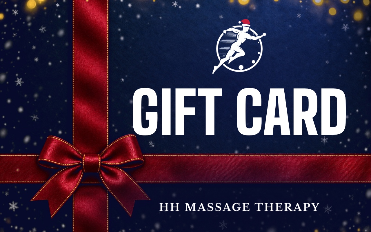 The HH Massage Therapy Christmas gift card: red satin ribbon and bow on a snowy navy card, with a Santa hat on the running figure logo