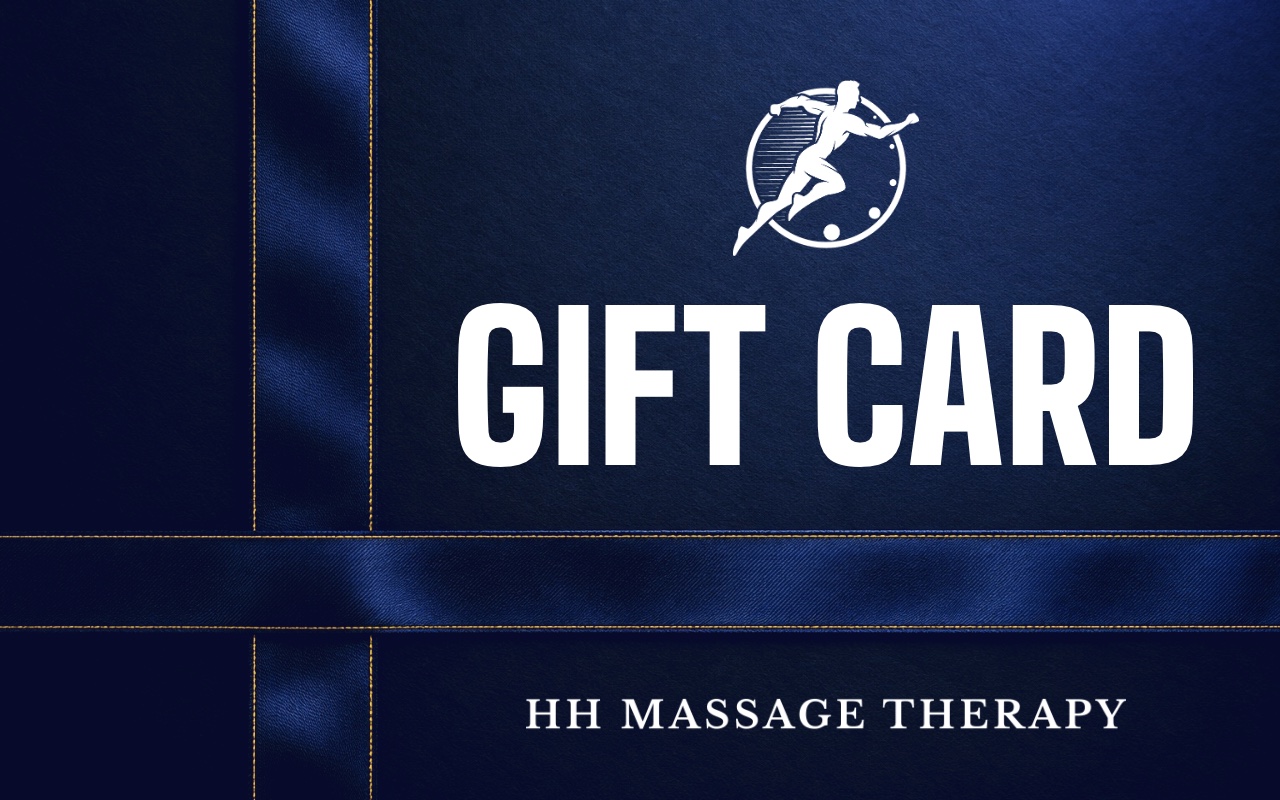 The HH Massage Therapy gift card: navy satin ribbon crossing a dark navy card, with the running figure logo above the words Gift Card
